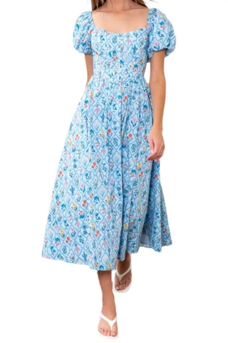 MOON RIVER Blue Floral Bouquet Puff Sleeve Corset Midi Dress Size L NWT